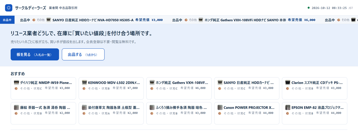 サークルディーラーズ開発中画面：板のトップ。出品中の商品と希望売値が並ぶ